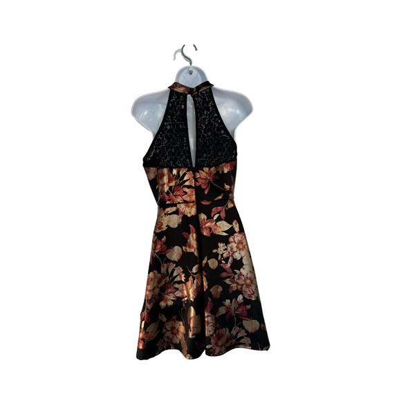 Black metallic gold and rose floral halter mini dress size large made in USA - Picture 4 of 9